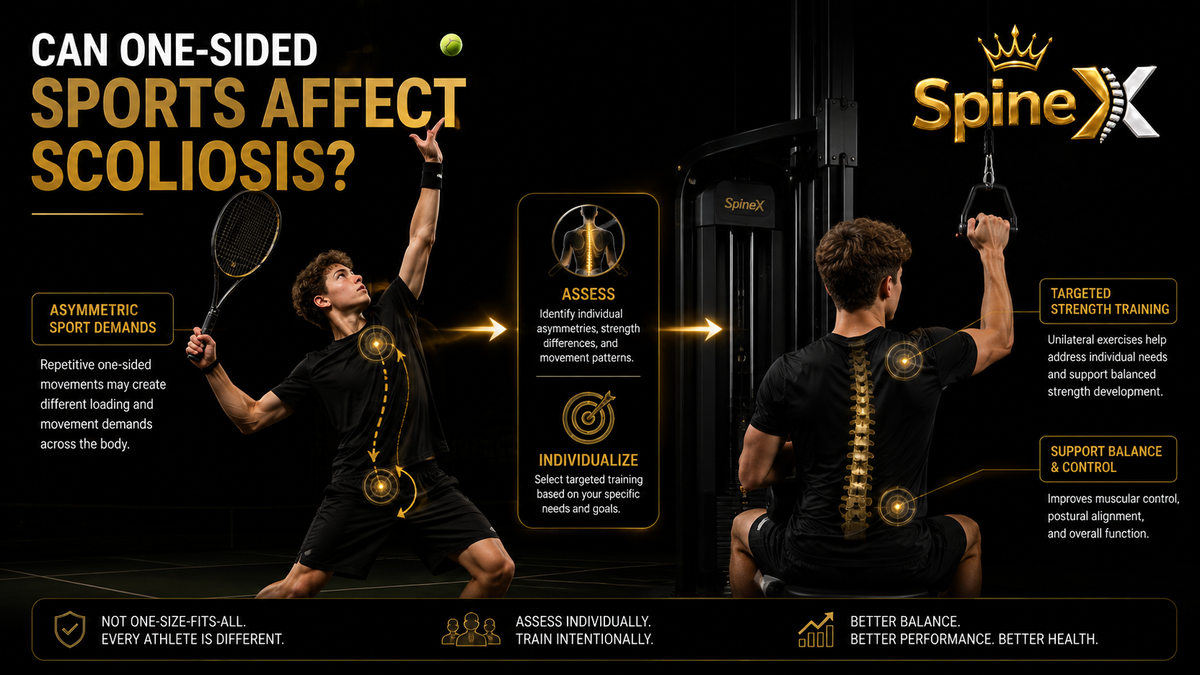 SpineX infographic showing a teenage tennis player performing a one-sided serve beside a teen performing a unilateral lat pulldown, illustrating how individualized assessment can guide strength training for asymmetric sports demands in scoliosis.