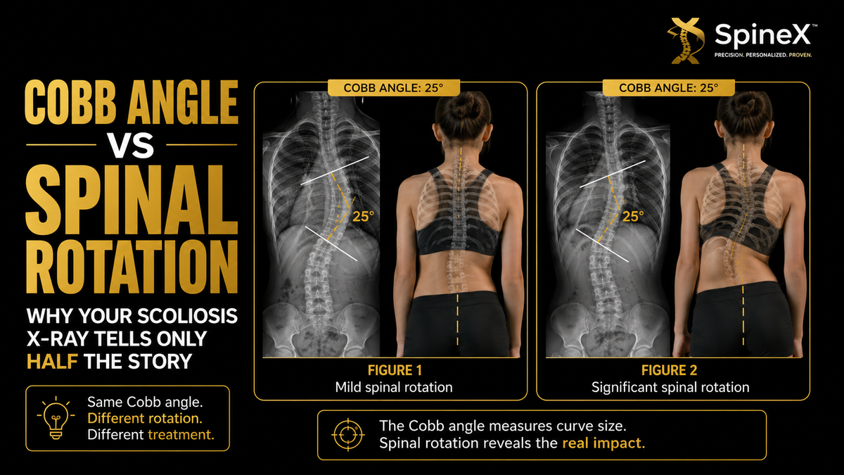 Infographic comparing Cobb angle and spinal rotation in scoliosis, showing two cases with the same 25° Cobb angle but different levels of spinal rotation.