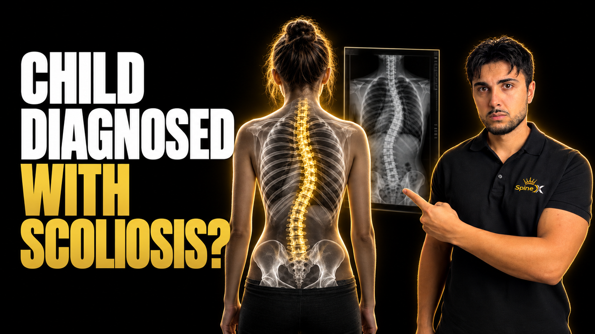 Parent guide hero showing a child’s scoliosis diagnosis, spinal X-ray and Kamil, founder of SpineX, pointing toward the curved spine.