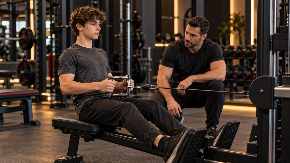 Illustrative scene of a teenager practicing seated cable training while an adult coach observes in a gym.