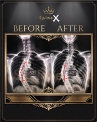 X-ray comparison of spine before and after treatment with 'SpineX' 53 degree to 42 degree natural correction