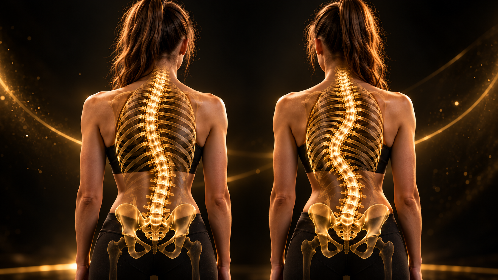 Two rear-view adult figures with glowing golden transparent spine, rib cage, and pelvis overlays comparing a single C-shaped scoliosis curve with a double S-shaped scoliosis curve on a black background.