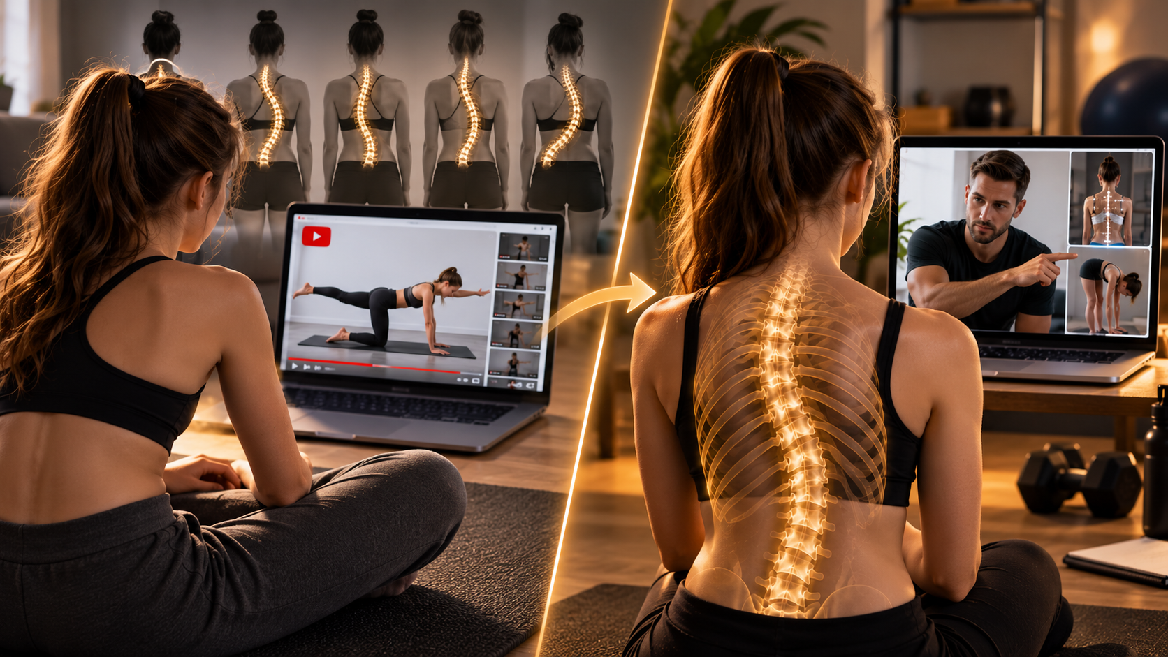 Young woman comparing generic YouTube scoliosis exercises with personalized online coaching, with glowing spinal overlays showing different curve patterns and individualized assessment.