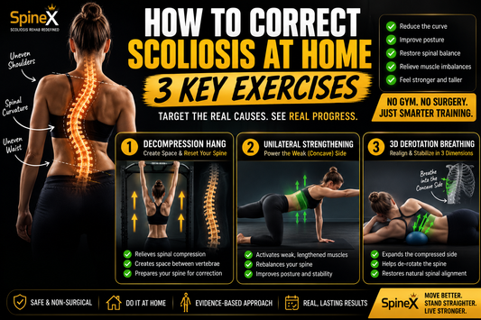 Infographic demonstrating three key at-home scoliosis exercises, including decompression hanging, unilateral strengthening, and 3D derotation breathing for non-surgical scoliosis correction.