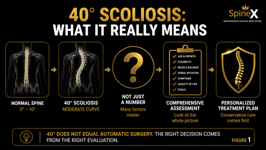 Infographic explaining that a 40-degree scoliosis curve in teenagers does not automatically require surgery, highlighting Cobb angle, comprehensive assessment, and personalized SpineX treatment planning.