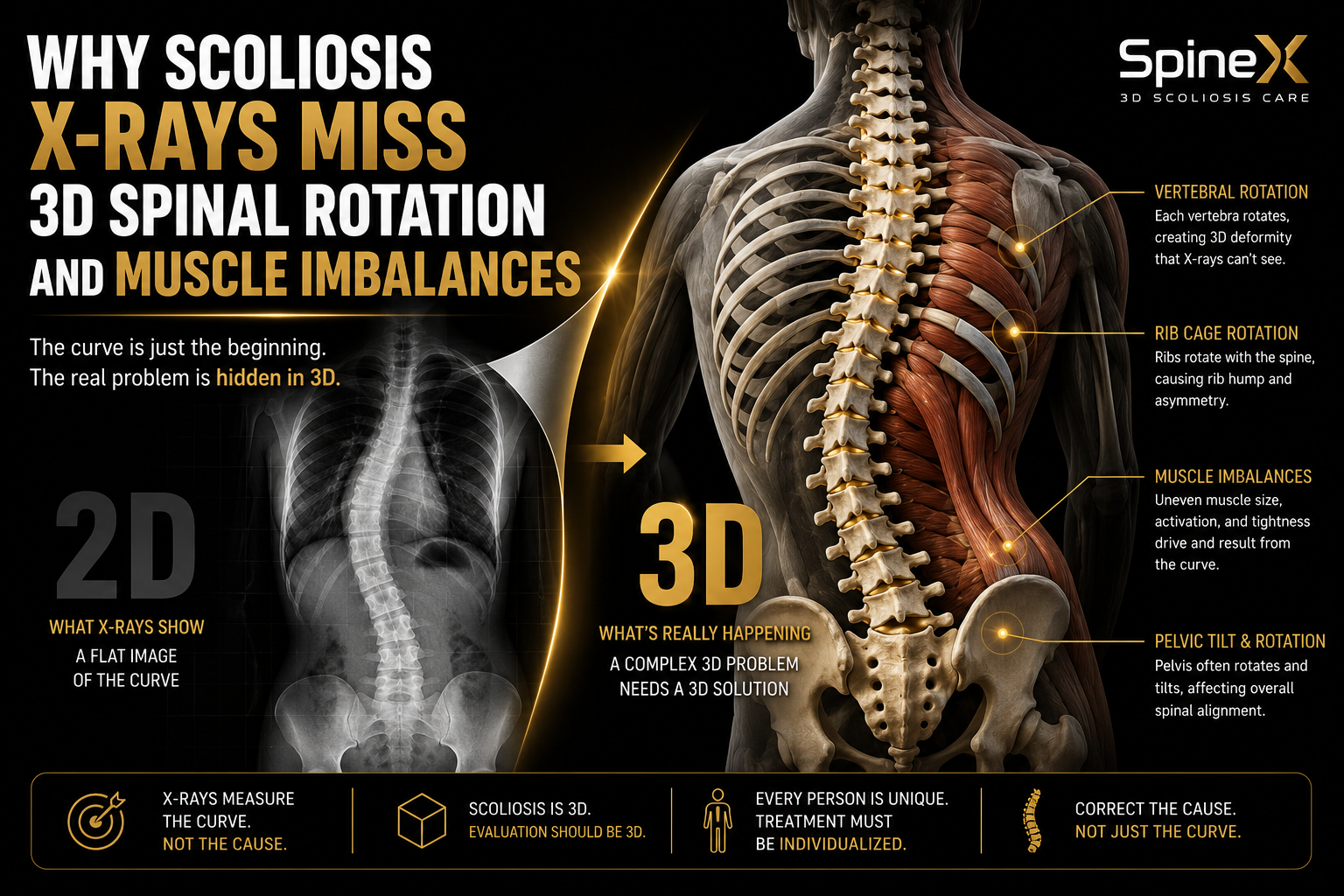 SpineX infographic comparing a 2D scoliosis X-ray with a 3D spinal model, highlighting vertebral rotation, rib cage rotation, muscle imbalances, and pelvic tilt that may not be fully visible on a frontal X-ray.