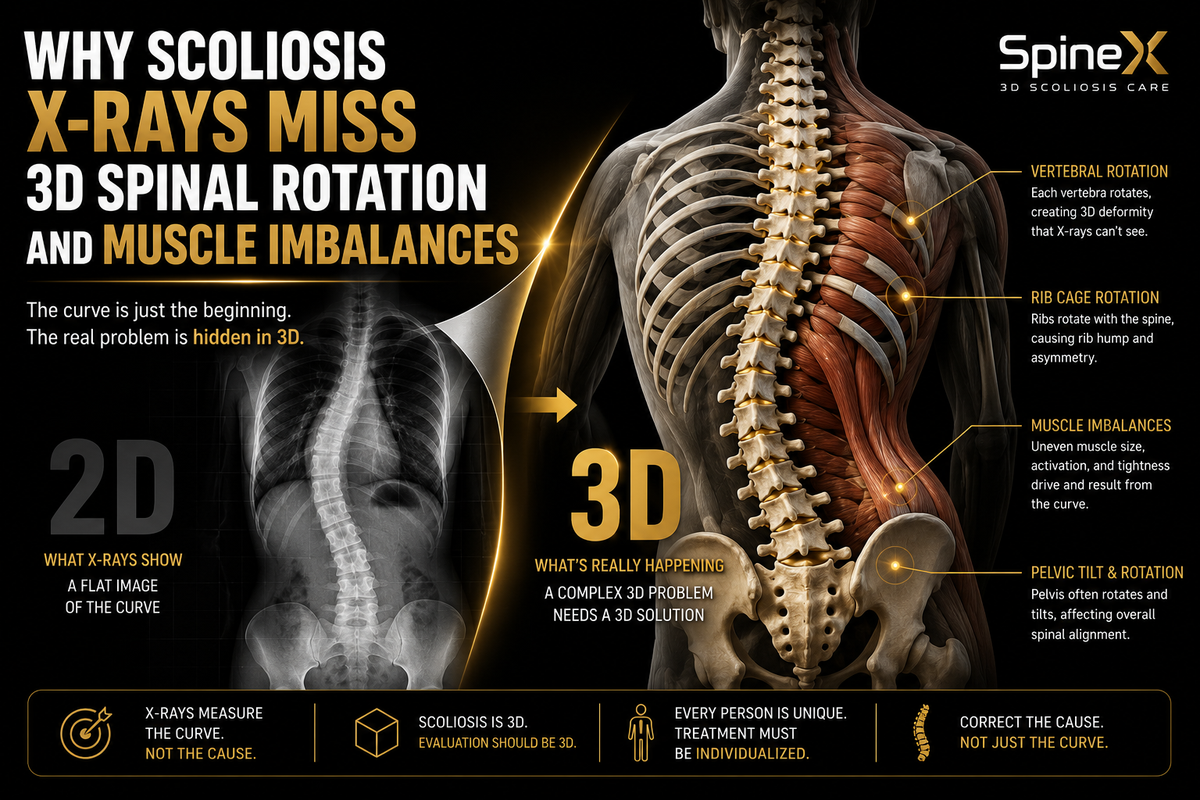 SpineX infographic comparing a 2D scoliosis X-ray with a 3D spinal model, highlighting vertebral rotation, rib cage rotation, muscle imbalances, and pelvic tilt that may not be fully visible on a frontal X-ray.