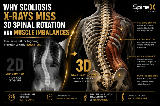 SpineX infographic comparing a 2D scoliosis X-ray with a 3D spinal model, highlighting vertebral rotation, rib cage rotation, muscle imbalances, and pelvic tilt that may not be fully visible on a frontal X-ray.