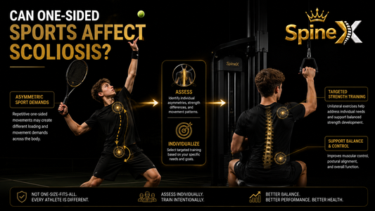 SpineX infographic showing a teenage tennis player performing a one-sided serve beside a teen performing a unilateral lat pulldown, illustrating how individualized assessment can guide strength training for asymmetric sports demands in scoliosis.