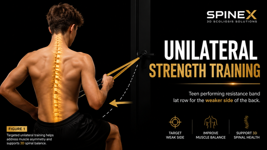 Teen performing a unilateral resistance band lat row targeting the weaker side of the back as part of personalized scoliosis strength training using the SpineX™ Method.