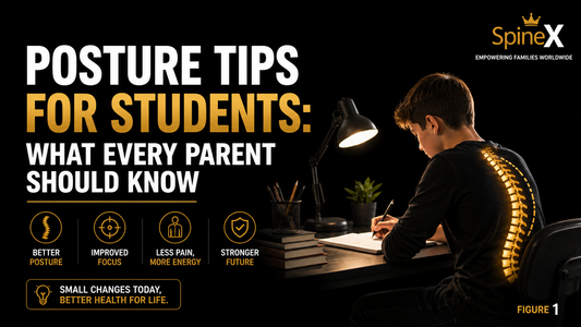 Infographic showing posture tips for students, highlighting proper sitting posture, spinal alignment, and healthy study habits to help parents support their child's spinal health.