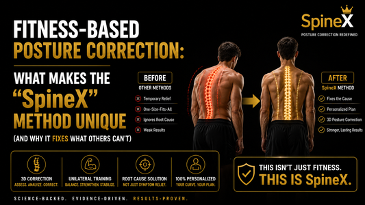 Fitness-based posture correction infographic explaining what makes the SpineX Method unique, featuring personalized 3D posture correction, unilateral training, and non-surgical spinal rehabilitation.