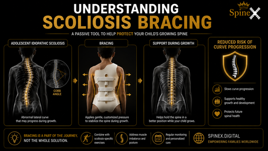 Infographic explaining scoliosis bracing for adolescents, showing how a custom spinal brace helps reduce curve progression during growth, alongside Cobb angle measurement and SpineX conservative scoliosis management.