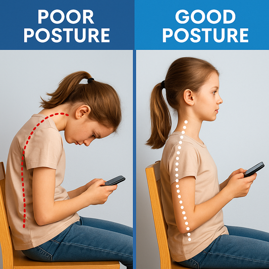 Before and after posture comparison showing bad posture in students using a phone
