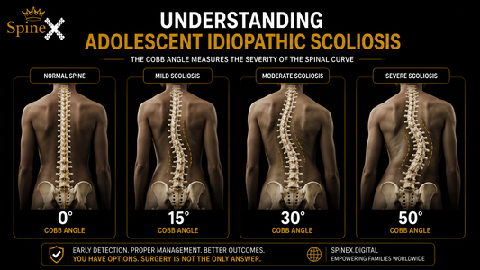 Understanding adolescent idiopathic scoliosis in children and teens, illustrating spinal curvature, Cobb angle measurement, and early detection of scoliosis.