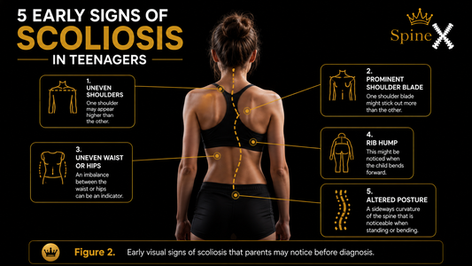 SpineX infographic showing five early signs of scoliosis in teenagers, including uneven shoulders, rib hump, and spinal curvature.