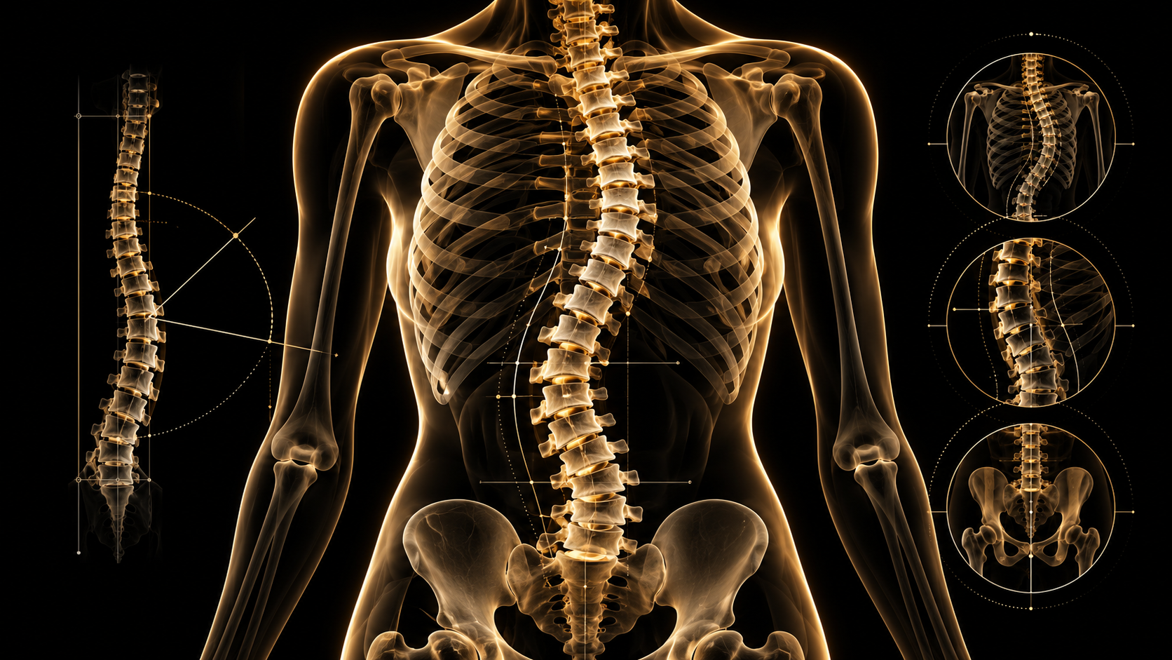 Golden medical illustration of a curved spine and rib cage with Cobb angle measurement guides on a black background, representing scoliosis assessment and treatment planning.                 Is this conversation helpful so far?