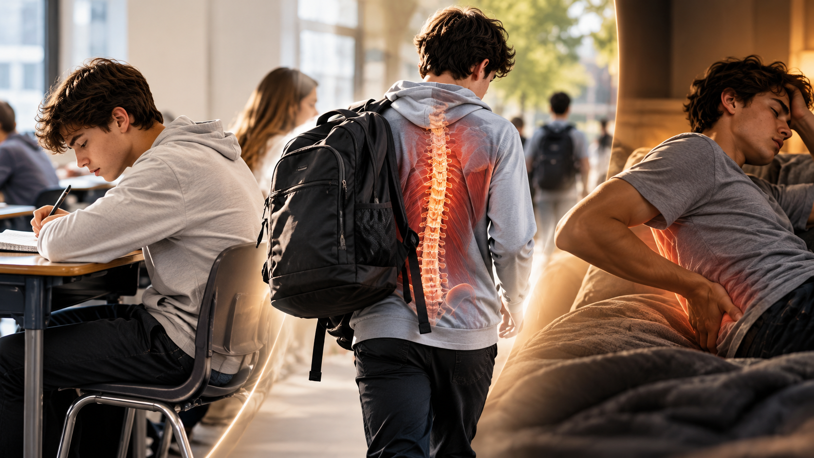 Teenager with scoliosis sitting at a school desk, carrying a heavy backpack, and experiencing back pain after school, with a glowing spinal overlay highlighting back strain and muscular fatigue.