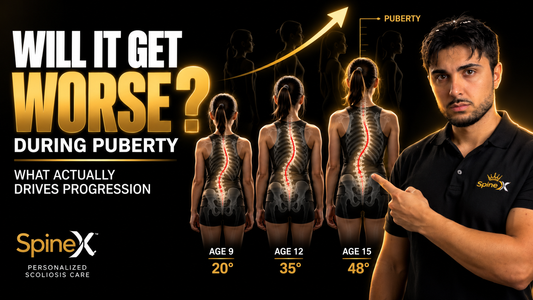 SpineX infographic showing scoliosis progression during puberty with increasing spinal curves across adolescent growth stages.