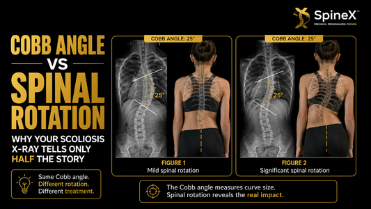 Infographic comparing Cobb angle and spinal rotation in scoliosis, showing two cases with the same 25° Cobb angle but different levels of spinal rotation.