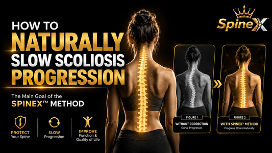 SpineX™ Method guide showing how to naturally slow scoliosis progression, with a comparison of a curved spine without correction and improved spinal alignment with the SpineX™ Method.