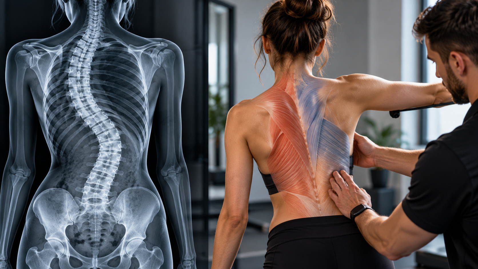 Split-screen image showing a scoliosis X-ray on one side and a live back assessment on the other, illustrating that X-rays show spinal structure but not which muscles are weak.