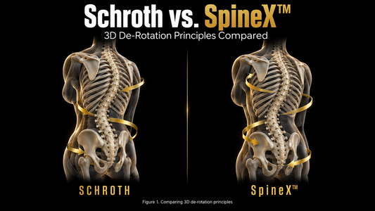 Schroth vs. SpineX™ comparison showing two anatomical torsos with curved