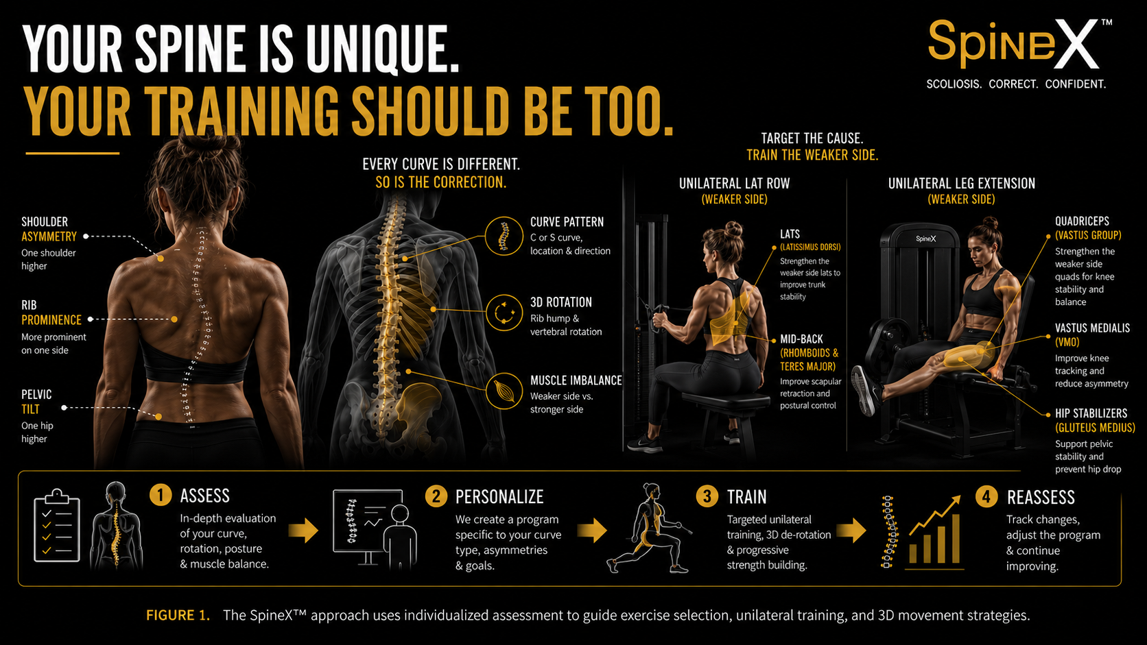 Personalized scoliosis training infographic showing assessment, unilateral exercises, and 3D correction.