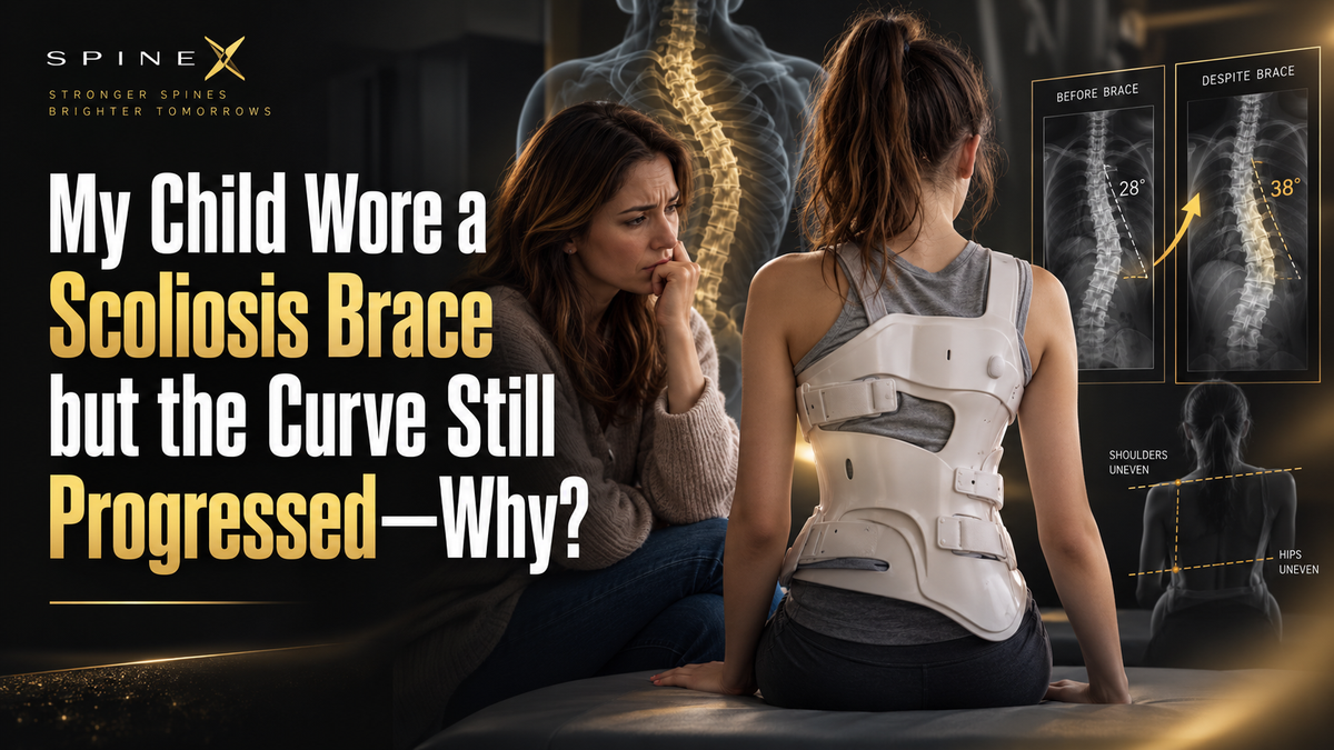 Teenager wearing a scoliosis brace beside X-ray images showing curve progression, illustrating why scoliosis may continue progressing despite bracing.