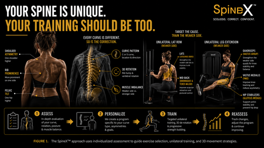 Personalized scoliosis training infographic showing assessment, unilateral exercises, and 3D correction.