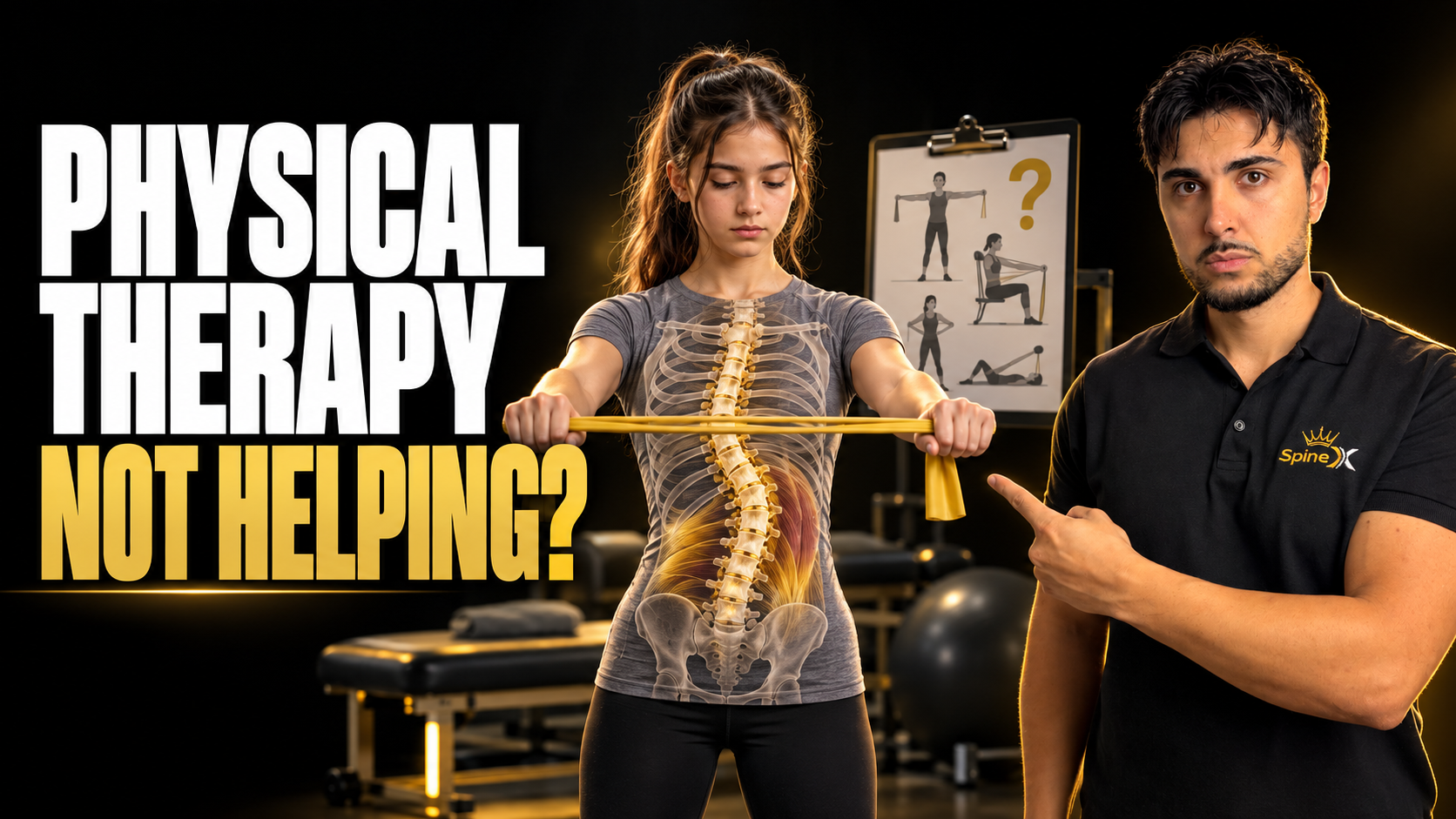 Teenager performing a resistance-band physical therapy exercise with a scoliosis anatomy overlay as Kamil, founder of SpineX, points toward her.