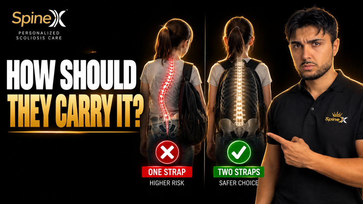 Teen with scoliosis comparing one-strap and two-strap backpack carrying, with SpineX founder pointing toward the comparison.