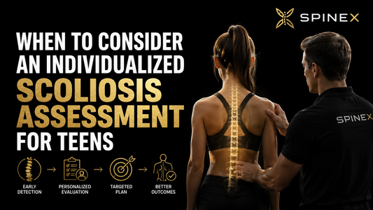 Teen with scoliosis receiving an individualized spinal assessment from a SpineX specialist, with a highlighted spinal alignment and gold-and-white SpineX branding on a black background.