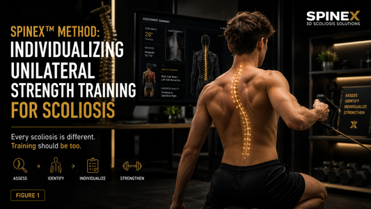 SpineX™ Method hero image showing a teenager performing unilateral strength training for scoliosis, with a personalized spinal assessment displayed on a monitor and a highlighted 3D spinal curve.