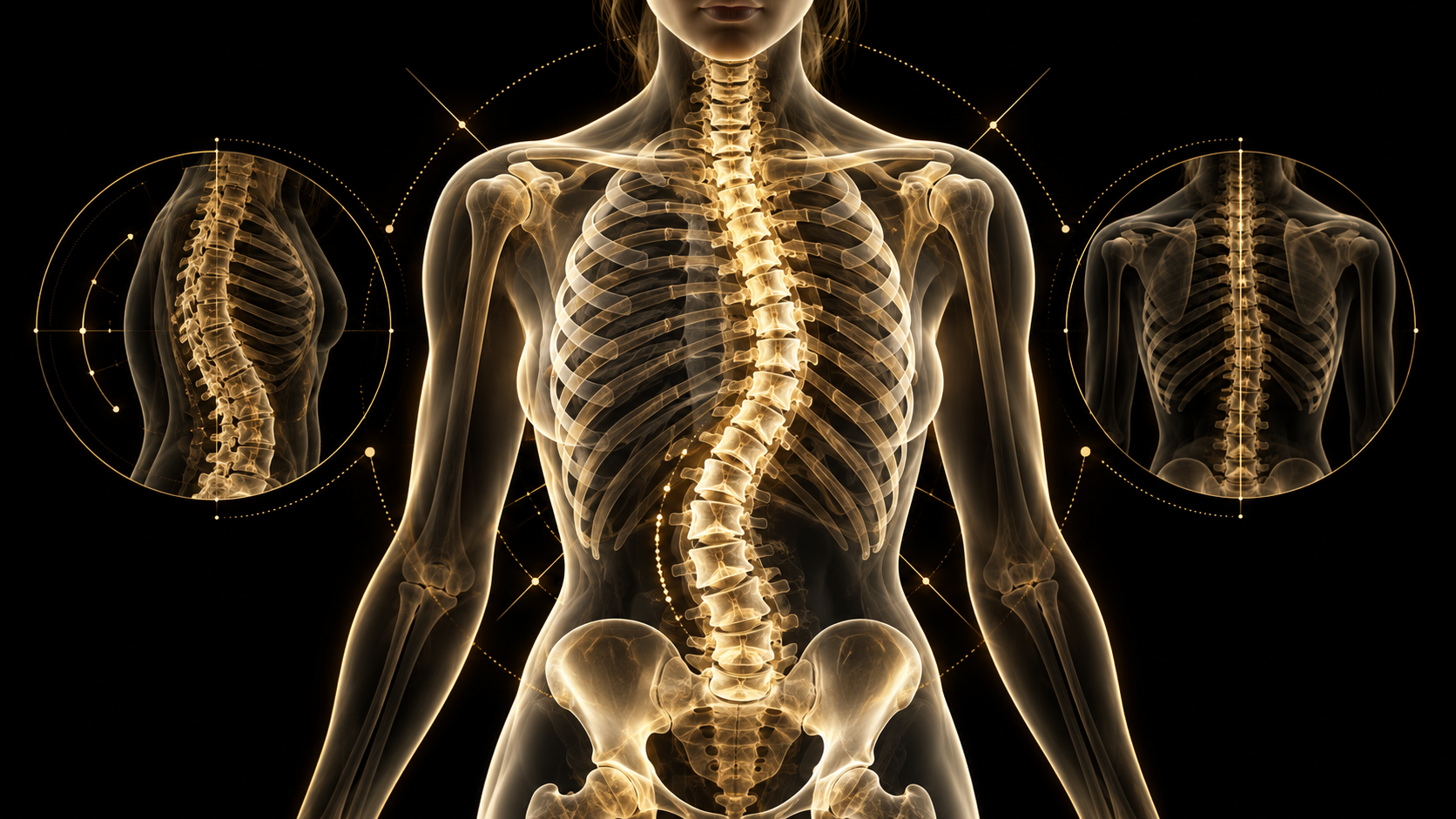 Golden medical illustration of a teenager’s torso showing a pronounced scoliosis curve, rib cage, pelvis, and spinal alignment on a black background with subtle diagnostic-style gold markers.