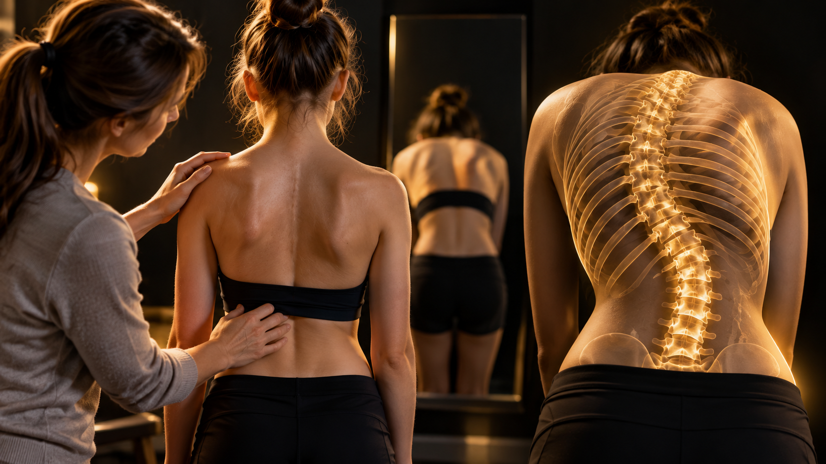 Parent checking a child’s back for scoliosis changes, with a forward-bend view and glowing spinal overlay highlighting curvature, rib rotation, and asymmetry.