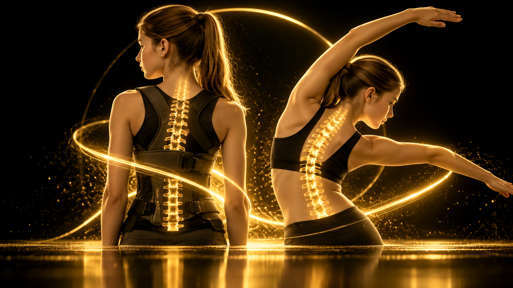 Teenager shown wearing a scoliosis brace beside an exercise pose, with glowing golden spine illustrations on a black background representing brace and SpineX™ training working together.