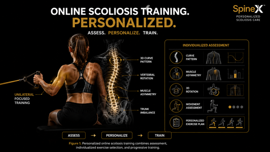 SpineX™ infographic showing personalized online scoliosis training with a teen performing unilateral resistance-band training alongside spinal assessment of curve pattern, muscle asymmetry, 3D rotation, movement, and individualized exercise selection.