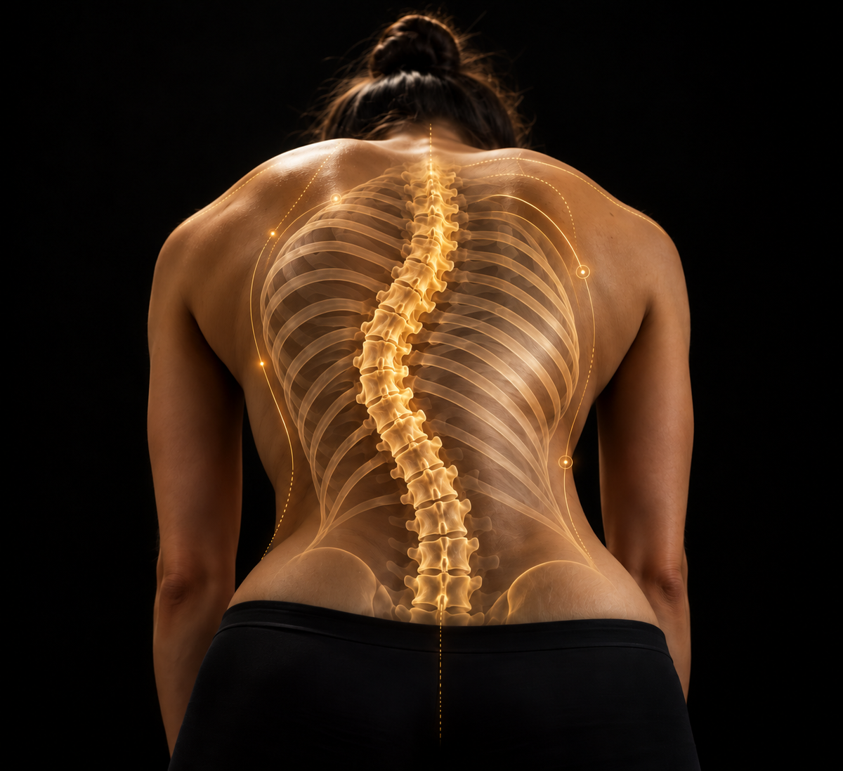 Medical illustration of scoliosis during Adam’s forward bend test, showing a prominent right-sided rib hump, spinal rotation, and asymmetric rib cage with a glowing golden 3D spine and rib anatomy overlay.
