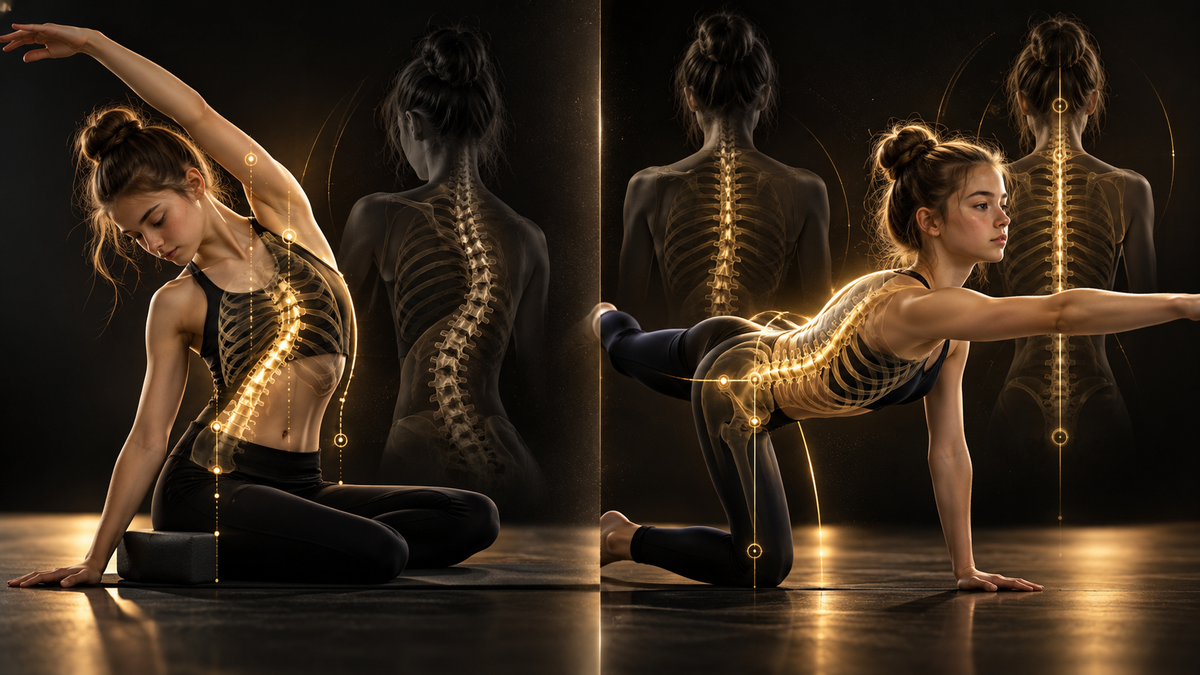 Teenager performing scoliosis-specific corrective exercises with a glowing spinal overlay and postural alignment markers, representing limited Schroth results and reassessment for personalized training.