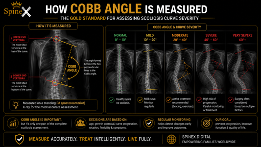 Cobb angle infographic showing how scoliosis is measured on an X-ray, explaining spinal curvature severity and treatment considerations for parents.