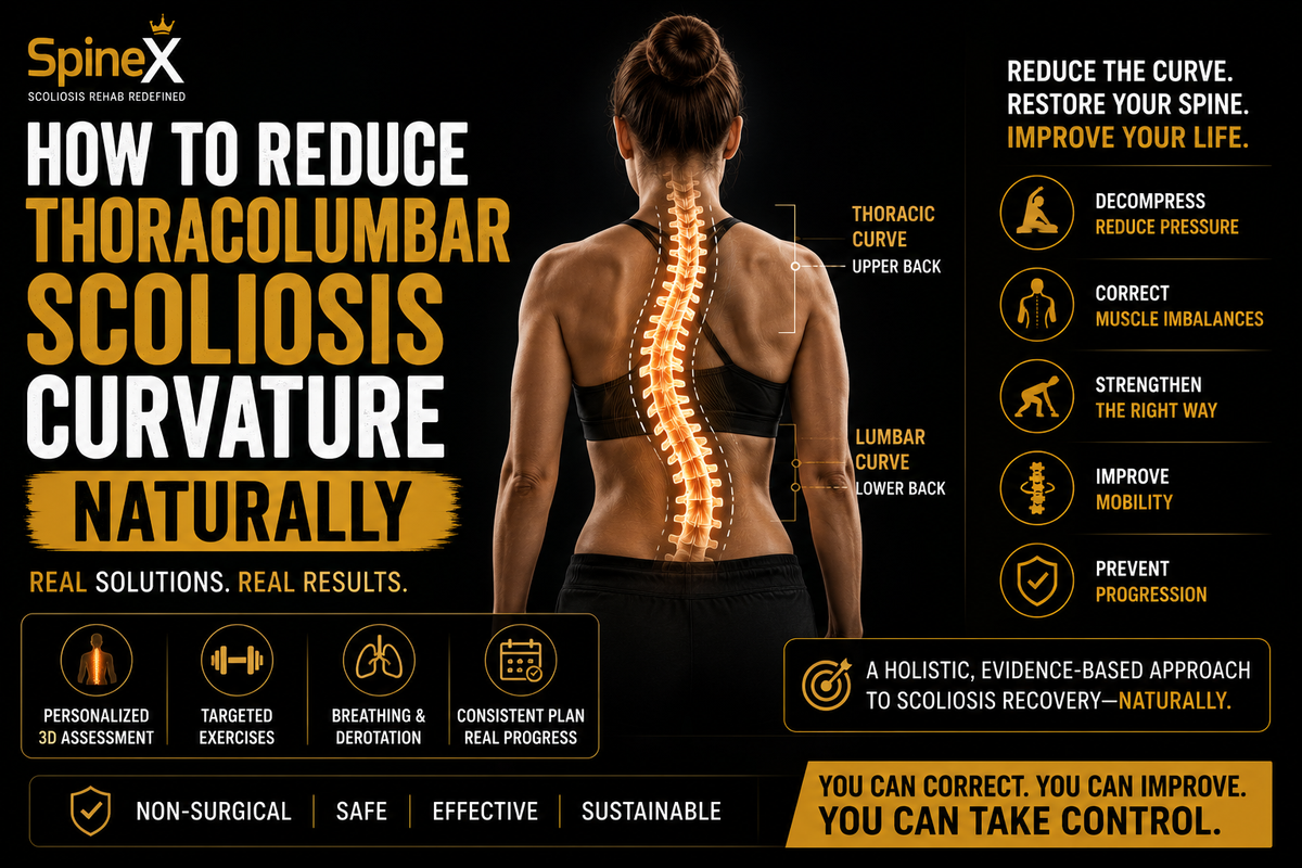 Infographic illustrating how to reduce thoracolumbar scoliosis curvature naturally through personalized exercise-based rehabilitation, targeted spinal correction, breathing techniques, and non-surgical SpineX treatment.