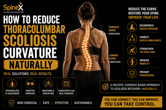 Infographic illustrating how to reduce thoracolumbar scoliosis curvature naturally through personalized exercise-based rehabilitation, targeted spinal correction, breathing techniques, and non-surgical SpineX treatment.
