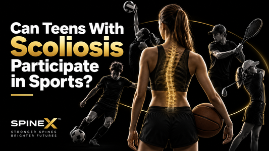 Teen athlete with scoliosis shown with a highlighted curved spine, surrounded by volleyball, basketball, soccer, tennis, and golf athletes, illustrating sports participation for teens with scoliosis.