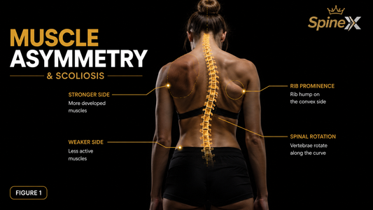 Illustration showing muscle asymmetry in scoliosis with a teenager's back highlighting uneven muscle development, spinal rotation, rib prominence, and a three-dimensional spinal curve explained using the SpineX™ Method.