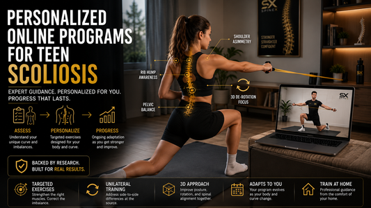 een girl with scoliosis performing a personalized resistance-band exercise at home while following a SpineX coach demonstrating the same movement on a laptop, illustrating individualized online scoliosis training and remote exercise guidance.