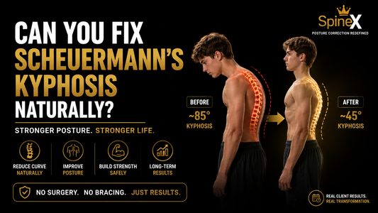 Before-and-after illustration of Scheuermann's kyphosis showing improved thoracic posture through personalized exercise-based rehabilitation and non-surgical posture correction.