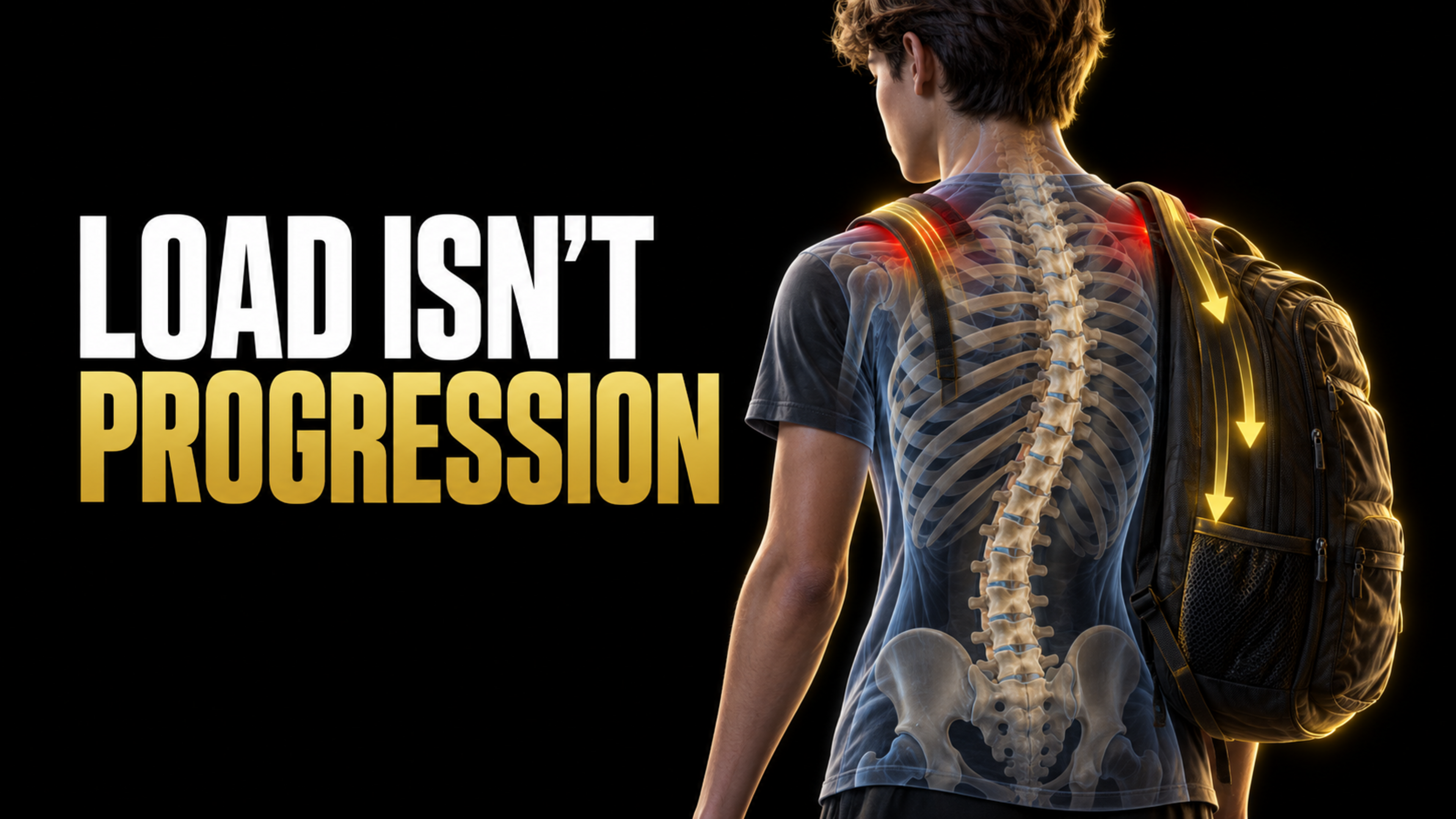 Teenager with scoliosis wearing a two-strap school backpack, with a translucent spine and rib cage illustrating external load without implying curve progression.