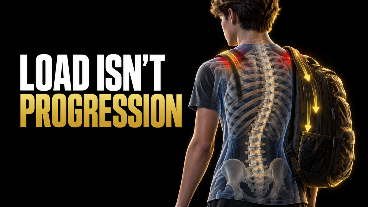 Teenager with scoliosis wearing a two-strap school backpack, with a translucent spine and rib cage illustrating external load without implying curve progression.