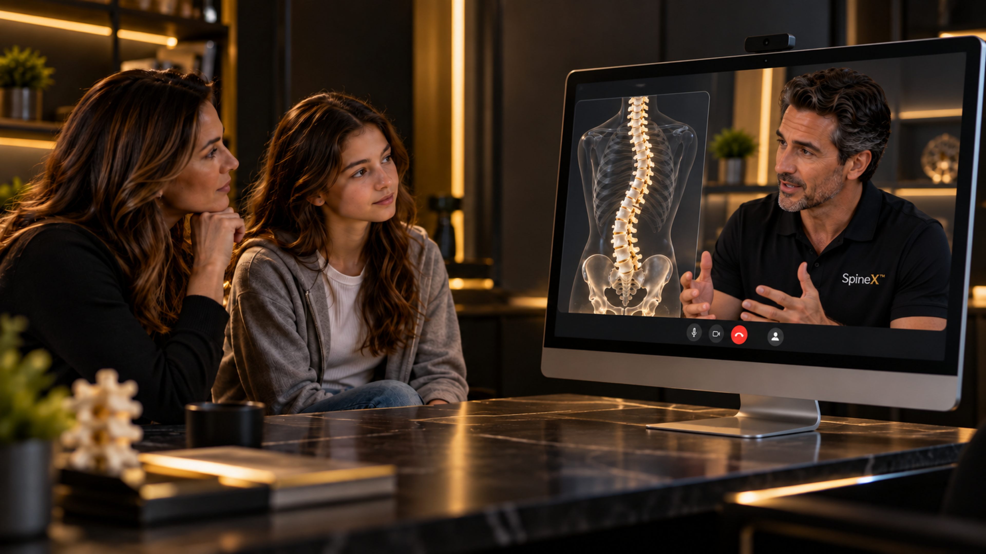 Parent and teenage daughter joining a live online SpineX scoliosis assessment with Kamil on a computer screen beside a 3D spine visualization.